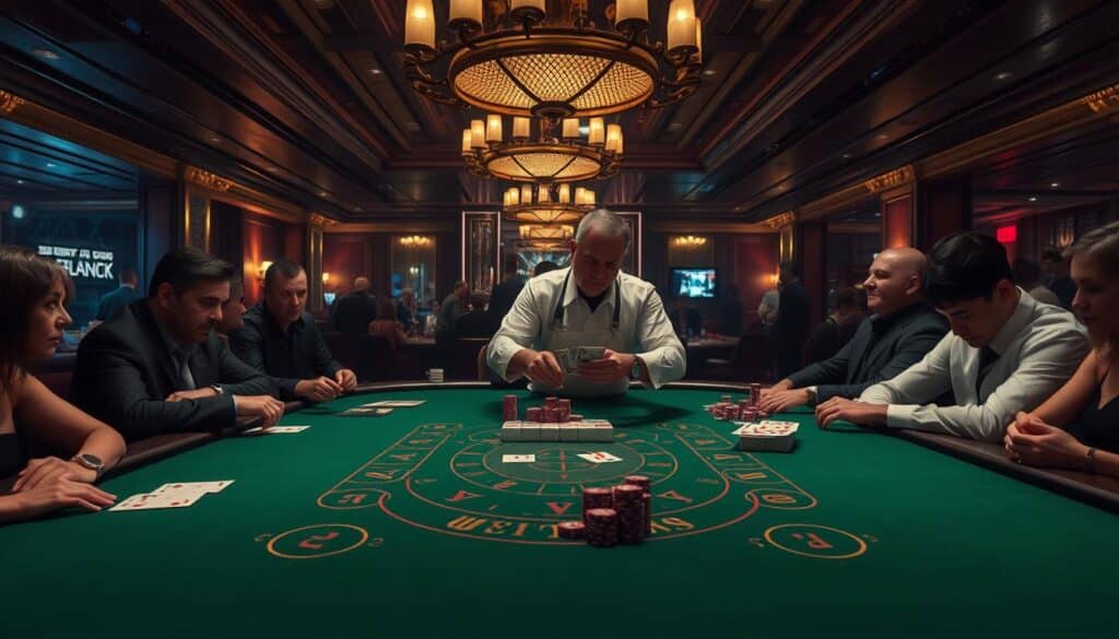 A dimly lit casino interior, the green felt of a baccarat table taking center stage. Overhead, a warm glow from brass chandeliers casts dramatic shadows. Seated around the table, players intently study their cards, faces etched with concentration as they devise their strategies. The dealer, clad in a crisp white shirt, expertly shuffles the deck, the sound of chips clinking adding to the tense atmosphere. In the background, the faint murmur of conversations and the occasional cheer from another table create a sense of immersion, transporting the viewer to the heart of a high-stakes baccarat game where fortunes are made and lost with every turn of the cards.