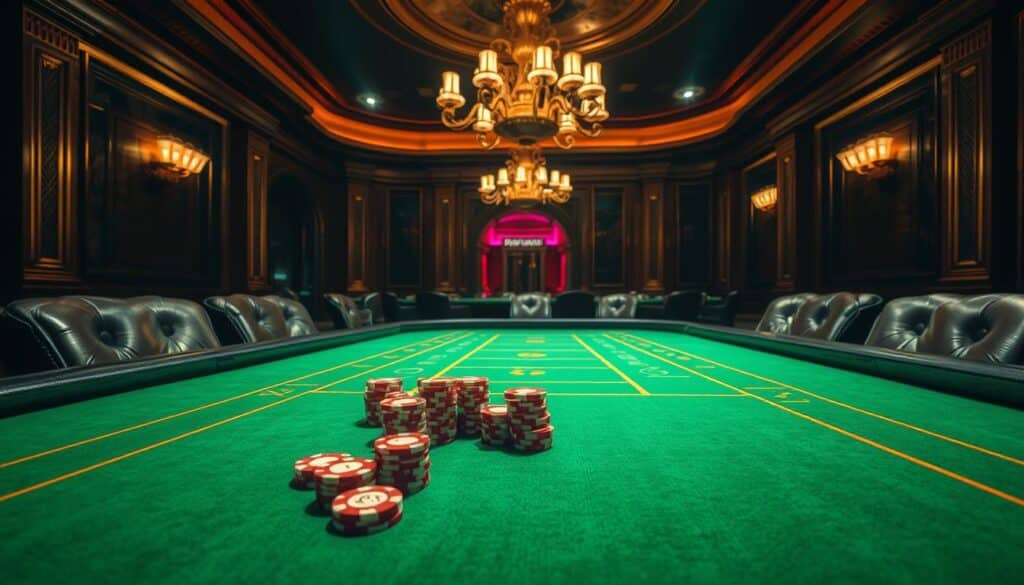 A dimly lit casino interior, the green felt table of a Baccarat game prominent in the foreground. Elegant chandeliers cast a warm glow, while sumptuously decorated walls and luxurious leather chairs create an atmosphere of refined sophistication. In the center of the table, poker chips in various denominations are arranged neatly, hinting at the strategic decisions required to play this classic casino game. The scene conveys a sense of contemplation and focus, as the players carefully consider their betting strategies to maximize their chances of success.