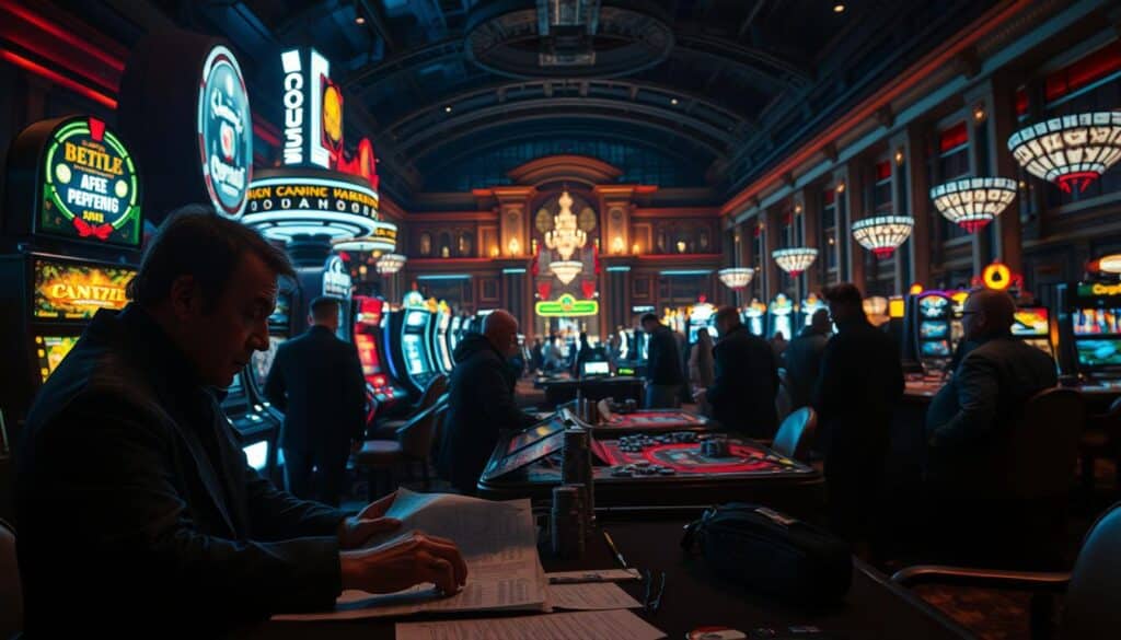 A dimly lit casino interior, the neon glow of slot machines and table games casting a mesmerizing ambiance. In the foreground, a strategist pores over betting charts and probability calculations, their expression intense with concentration. Peripherally, a group of experienced gamblers huddle, exchanging hushed insights on game mechanics and betting patterns. The middle ground features the lively action of the casino floor, a tapestry of focused faces, stacks of chips, and the perpetual chatter of the tables. In the background, the grand architecture of the gaming hall looms, exuding an air of prestige and exclusivity. Dramatic chiaroscuro lighting illuminates the scene, creating a cinematic mood that captures the high-stakes drama of casino gaming strategy.