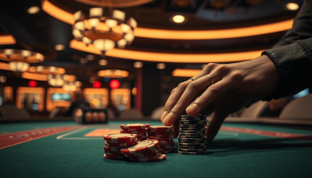 A dimly lit casino interior, the overhead lights casting a warm, hazy glow across the felt-covered tables. In the foreground, a stack of poker chips and a pair of hands carefully arranging them, meticulously planning the next move. The background is blurred, drawing the viewer's attention to the strategic placement of the chips, representing the thoughtful "投注策略" at the heart of a successful Baccarat game. The scene conveys a sense of focus, concentration, and the thrill of the pursuit, capturing the essence of the "成功的百家樂投注策略" discussed in the article.