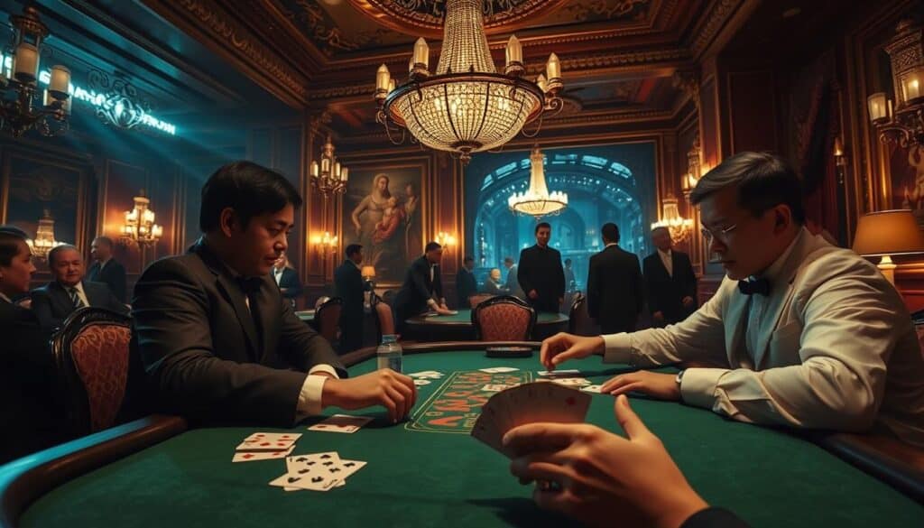 A dimly lit casino interior, the rich history of baccarat unfolding. In the foreground, two players engage in a tense round, cards fanned out on the green felt table. Ornate chandeliers cast a warm glow, while gilded artwork and antique furnishings evoke a bygone era. In the background, people observe intently, their faces illuminated by the flickering lights. A sense of tradition and high-stakes excitement permeates the scene, transporting the viewer to the origins of this classic card game. The image captures the essence of "百家樂的歷史與起源", a visual odyssey through the captivating legacy of this iconic casino pastime.