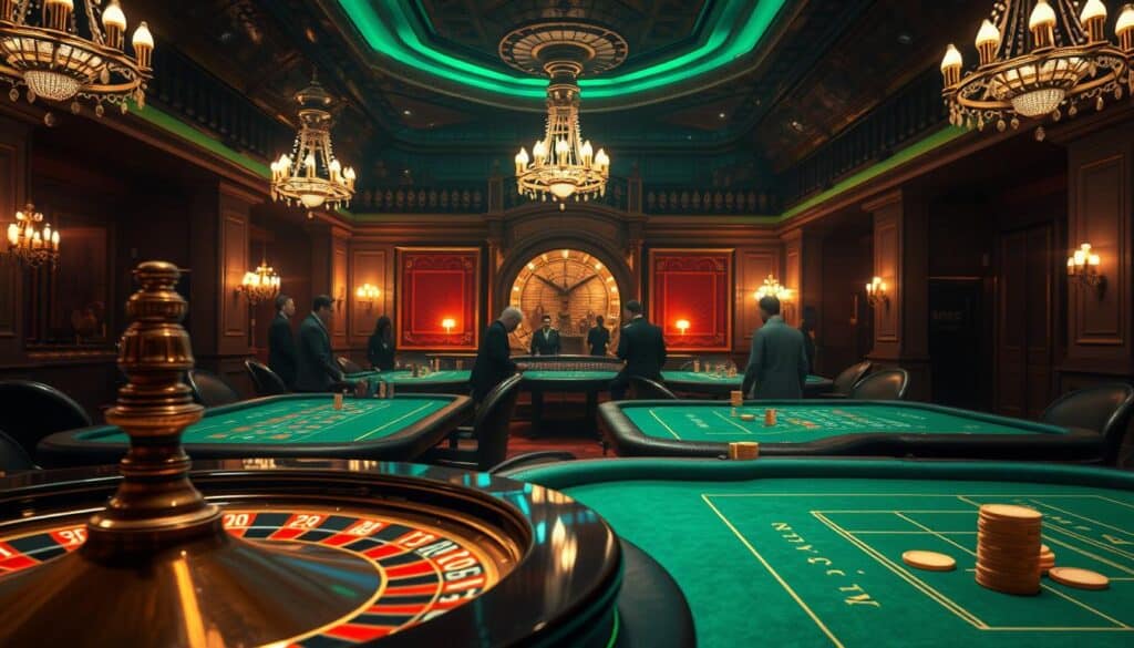 A dimly lit casino interior, the soft glow of green felt tables and chandeliers casting a warm ambiance. In the foreground, an antique roulette wheel and a stack of gold-colored chips, representing the storied history of baccarat. In the middle ground, shadowy figures gathered around the tables, their expressions focused as they make their bets. The background reveals ornate architectural details, hinting at the game's prestigious origins. The scene conveys a sense of timelessness, where the traditions of the past coexist with the excitement of the present-day gaming experience.