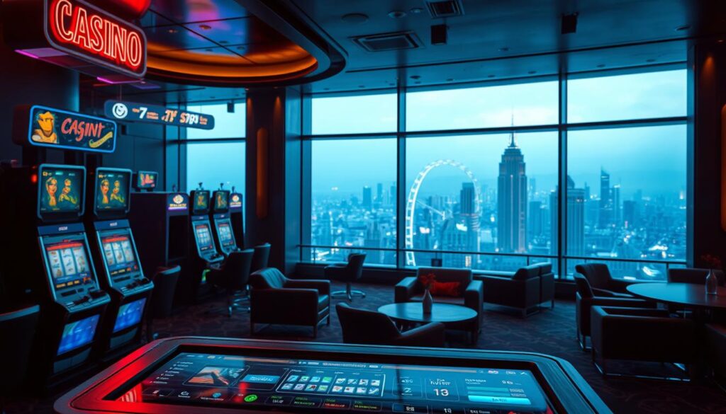 A dimly lit casino interior, the soft glow of neon signs and the muted hum of slot machines set the scene. In the foreground, a modern and sleek gambling platform dominates the frame, its touchscreen interface beckoning players to explore a world of thrilling casino games. The middle ground features plush leather chairs and low coffee tables, creating an intimate atmosphere for high-stakes baccarat. In the background, a panoramic view of the bustling city skyline can be seen through floor-to-ceiling windows, hinting at the global reach and prestige of this premier gambling destination. The overall tone is one of sophistication, excitement, and the allure of potential winnings.