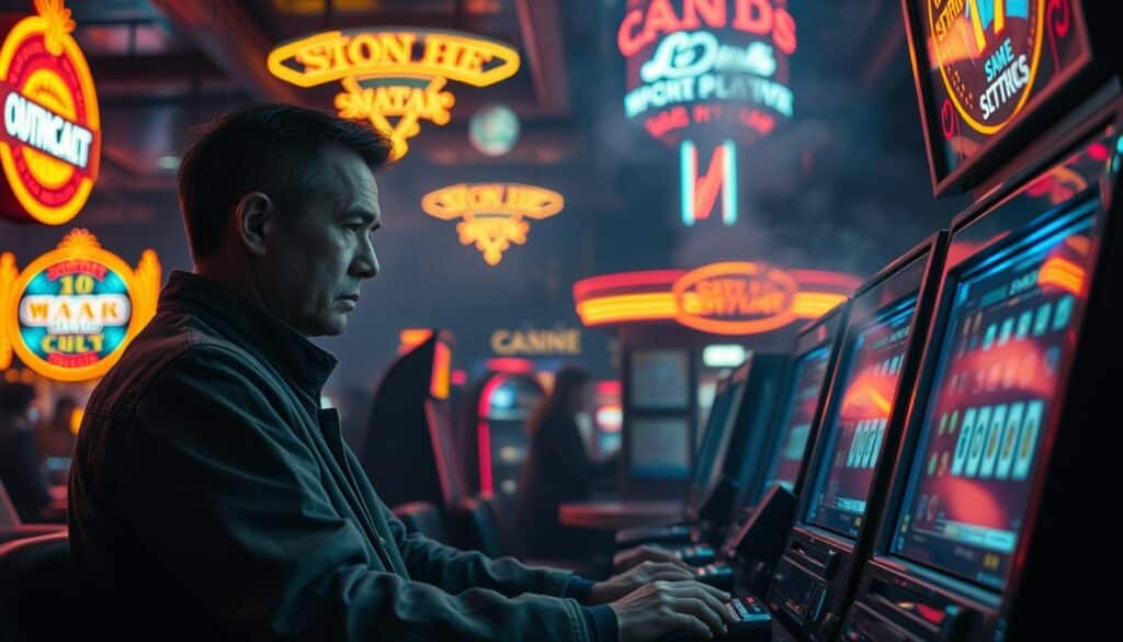 A dimly lit casino interior, the warm glow of neon signs casting a mesmerizing spell. A lone figure, a seasoned gambler, sits at a sleek, modern slot machine, their intense gaze focused on the spinning reels. Surrounding them, a haze of smoke and the faint sounds of chatter and the occasional chime of a jackpot. The scene exudes an air of mystery and strategic mastery, hinting at the deeply-guarded secrets of winning at these captivating games of chance. Crisp, high-definition details capture the texture of the machine's sleek metal and the gambler's determined expression, conveying the thrill and challenge of conquering the casino's allure.