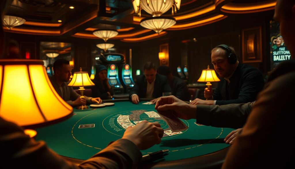 A dimly lit casino interior, the warm glow of table lamps illuminating the green baize of a baccarat table. A dealer's hands expertly shuffling a deck of cards, surrounded by a group of players intently studying their strategies. In the background, the muted sounds of slot machines and clinking glasses create an atmosphere of quiet intensity. The scene captures the essence of baccarat gameplay, inviting the viewer to imagine the thrill of the game and the nuanced decision-making required to formulate effective betting strategies.