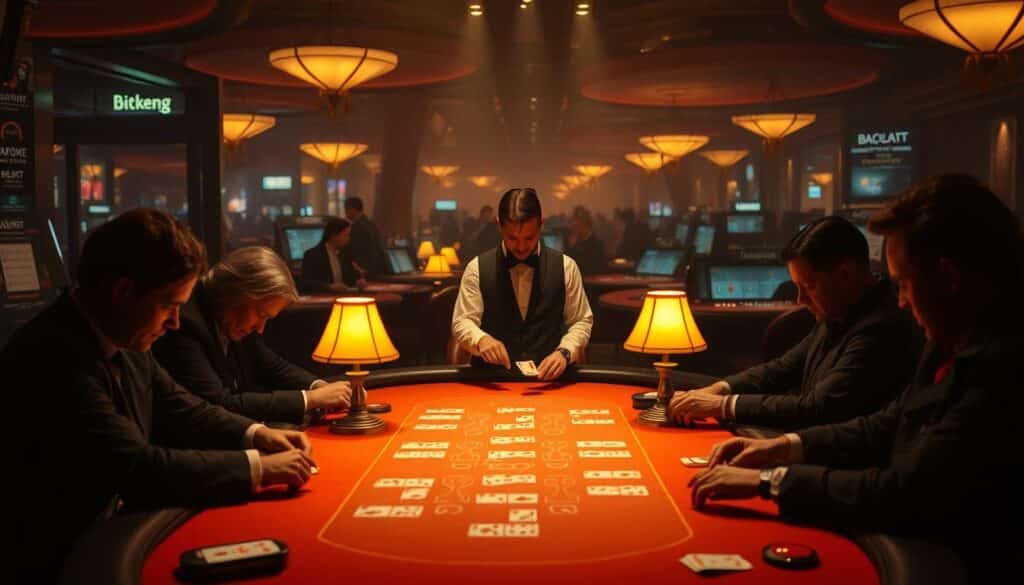 A dimly lit casino interior, with a Baccarat table prominently featured in the foreground. The table is surrounded by a group of players intently studying their betting strategies, their faces cast in the warm glow of the table lamps. In the middle ground, a croupier expertly deals the cards, their movements smooth and precise. The background is hazy, with the faint outlines of other gaming tables and the hustle and bustle of the casino floor, creating a sense of the larger environment. The overall atmosphere is one of quiet contemplation and strategic focus, as the players meticulously consider their next moves.