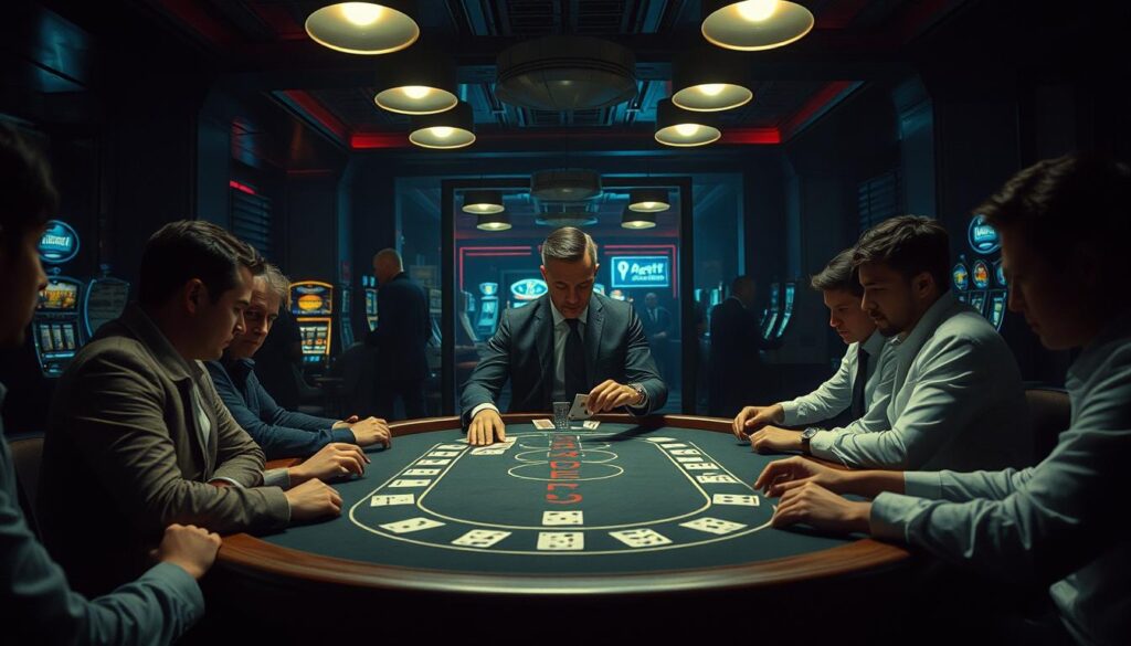 A dimly lit casino interior, with a baccarat table centered in the frame. The table is surrounded by focused players, their faces illuminated by the soft glow of overhead lamps. The dealer, a poised and experienced professional, deals the cards with precision. The atmosphere is tense, yet electrified, as the players study the cards and consider their next moves. In the background, the faint sounds of slot machines and muffled conversation create a subtle ambiance. The scene conveys a sense of strategic contemplation, as the players apply their expertise to increase their chances of winning at the baccarat table.