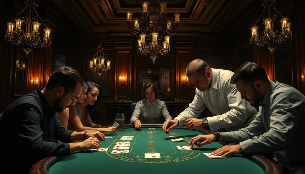 A dimly lit casino interior, with a baccarat table in the center. Elegant wooden paneling and chandeliers create a refined, exclusive atmosphere. At the table, a group of players lean in, studying their cards intently, their faces illuminated by the soft glow of the green felt. The dealer, dressed in a crisp white shirt, is carefully dealing the cards, their movements precise and practiced. The scene conveys a sense of concentration and strategic thinking, as the players ponder their next moves in the classic game of baccarat.