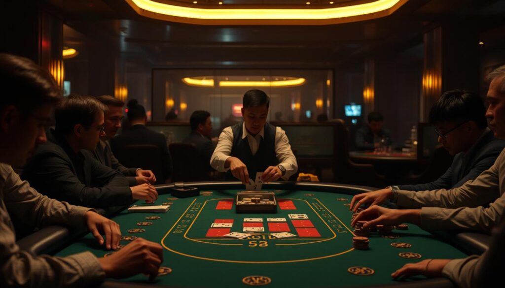 A dimly lit casino interior, with a baccarat table in the foreground, surrounded by players intently studying their cards and chips. The table's green felt surface reflects the soft, warm lighting overhead, creating a sense of contemplation and strategy. In the middle ground, a dealer expertly shuffles and deals the cards, their hands a blur of precision. In the background, the hazy outlines of other gaming tables and the occasional glimpse of a cocktail server weaving through the crowd, adding to the immersive atmosphere of the casino. The scene conveys the intensity and focus of a high-stakes baccarat game, where players employ various betting strategies to gain an edge.