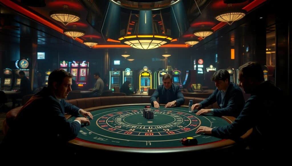 A dimly lit casino interior with a baccarat table in the foreground. The table is surrounded by a group of players, their expressions focused and intense. The lighting is warm and atmospheric, casting shadows across the table and players' faces. In the background, a hazy view of the casino floor, with the faint sounds of slot machines and chatter. The scene conveys the tension and excitement of the baccarat game, while also hinting at the potential pitfalls and common mistakes new players might make. The overall mood is one of caution and strategy, setting the stage for the article's guidance on improving baccarat gameplay.