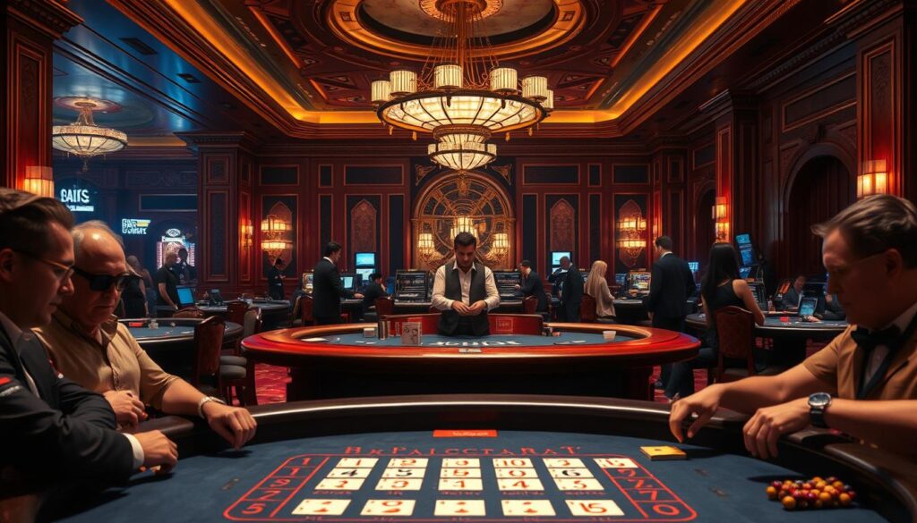A dimly lit casino interior, with a baccarat table prominently displayed in the foreground. The table is surrounded by players intently focused on the game, their expressions a mix of anticipation and strategy. In the middle ground, dealers expertly handle the cards, their movements precise and practiced. The background features the opulent decor of the casino, with plush carpets, ornate chandeliers, and rich wood paneling, creating an atmosphere of elegance and high-stakes excitement. The lighting is warm and inviting, casting a soft glow over the scene and emphasizing the tension and drama of the game. The overall composition conveys the essence of the baccarat experience, capturing the rules, rituals, and allure of this classic casino game.