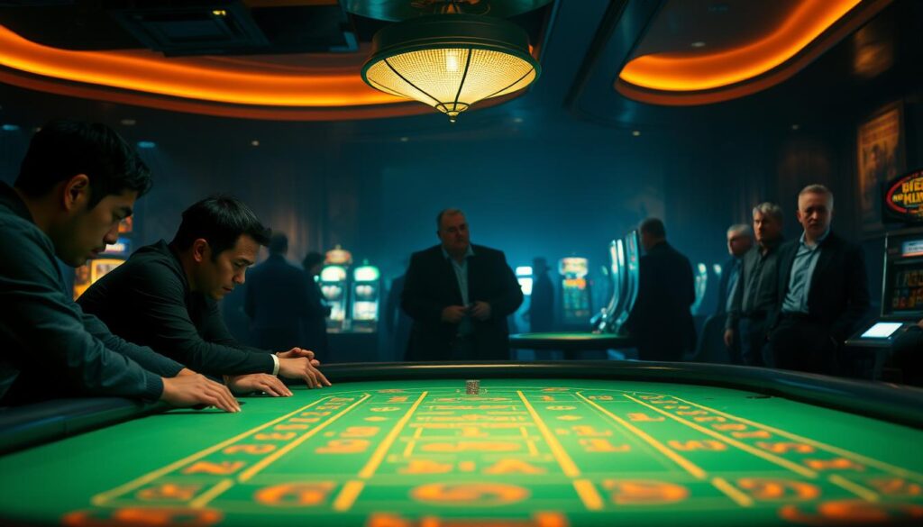 A dimly lit casino interior, with a baccarat table prominently featured in the foreground. Players lean intently over the table, their expressions a mix of concentration and anticipation. The green felt surface reflects the warm glow of overhead lighting, casting a soft, inviting ambiance. In the middle ground, a crowd of onlookers observes the game, their silhouettes creating a sense of energy and activity. The background is hazy, with the faint outlines of other gaming tables and slots machines, suggesting the bustling atmosphere of a thriving casino. The overall composition conveys the immersive experience of a baccarat game, with the players' shared insights and strategies palpable in the scene.