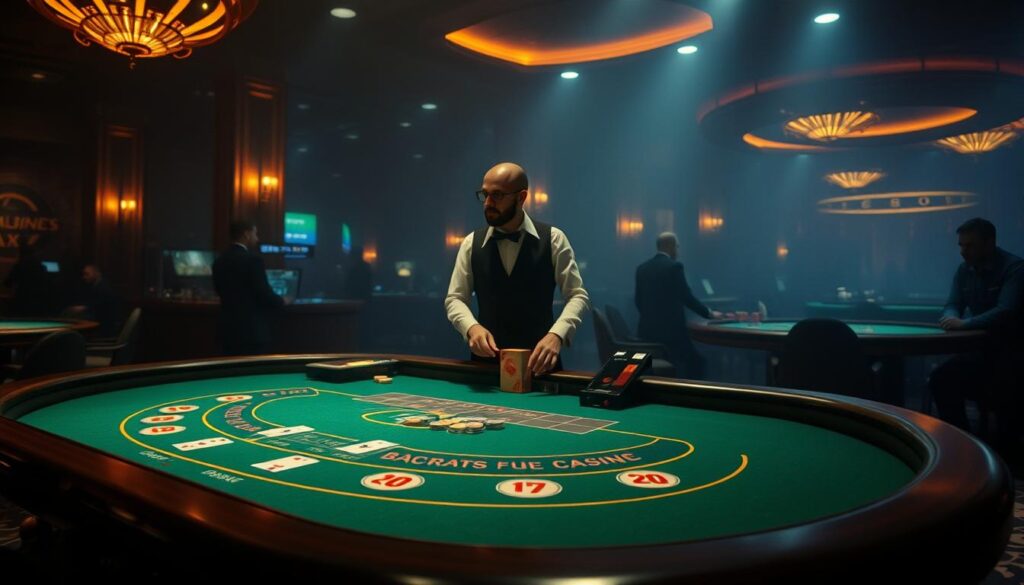 A dimly lit casino interior, with a baccarat table prominently featured in the foreground. The table is adorned with a green felt surface, and the edges are lined with ornate wooden trim. In the middle of the table, a croupier stands, gesturing towards the cards and chips. The background is hazy, with the silhouettes of other gaming tables and patrons visible, creating a sense of a bustling casino atmosphere. The lighting is soft and atmospheric, casting a warm glow over the scene. The overall mood is one of anticipation and intrigue, inviting the viewer to immerse themselves in the rules and strategies of the baccarat game.