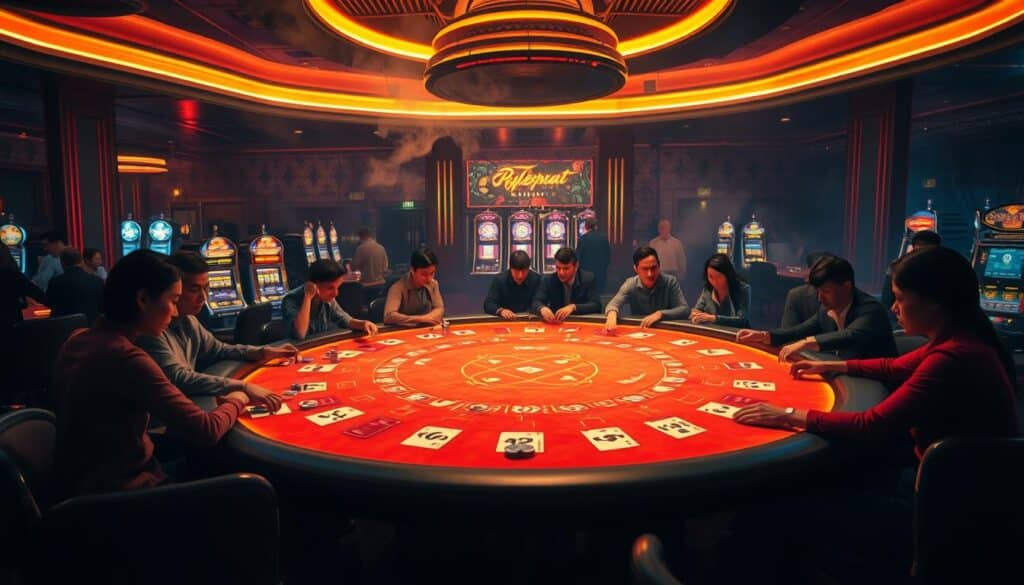 A dimly lit casino interior, with a centrally positioned baccarat table illuminated by soft, warm lighting. The table is surrounded by players engrossed in the game, their faces a combination of concentration and excitement. In the background, a hazy atmosphere of smoke and the faint sounds of slot machines and chatter create a palpable sense of energy. The camera angle captures the table from a slightly elevated perspective, allowing the viewer to see the cards being dealt and the chips being moved, providing a clear visual representation of the "百家樂的勝率解析" that the image is meant to illustrate.