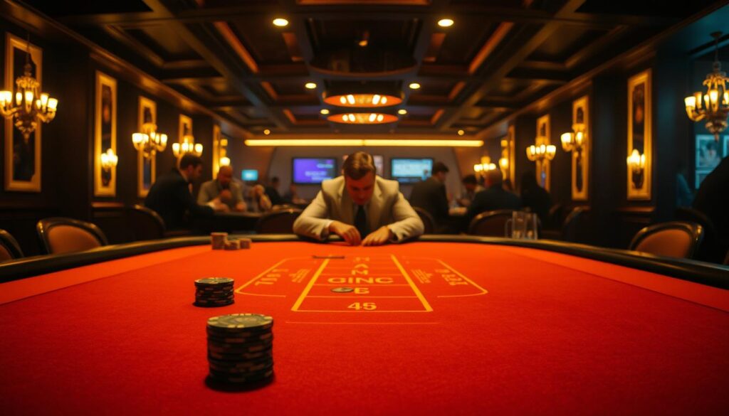 A dimly lit casino interior, with a classic baccarat table in the foreground, illuminated by warm, golden lighting. The table's felt surface is meticulously maintained, and the chips and cards are neatly arranged. In the middle ground, players are engaged in intense concentration, their faces partially obscured by the shadows, symbolizing the strategic nature of the game. The background features the subtle hum of activity, with the faint sounds of shuffling cards and clinking glasses, creating an atmospheric and immersive scene. The overall impression is one of strategic elegance and the thrill of high-stakes gaming.