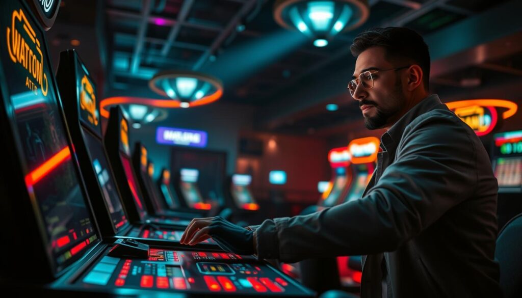 A dimly lit casino interior, with a confident gambler seated at a sleek, high-tech virtual gaming table. Focused expression, fingers poised above the controls, as glowing displays and neon accents create an intense, immersive atmosphere. Careful strategy and intuitive decision-making are key, as the gambler strives to maximize their winnings through a combination of skill, experience, and calculated risk-taking. Dramatic lighting from above casts dramatic shadows, highlighting the tension and excitement of the high-stakes digital gaming experience.