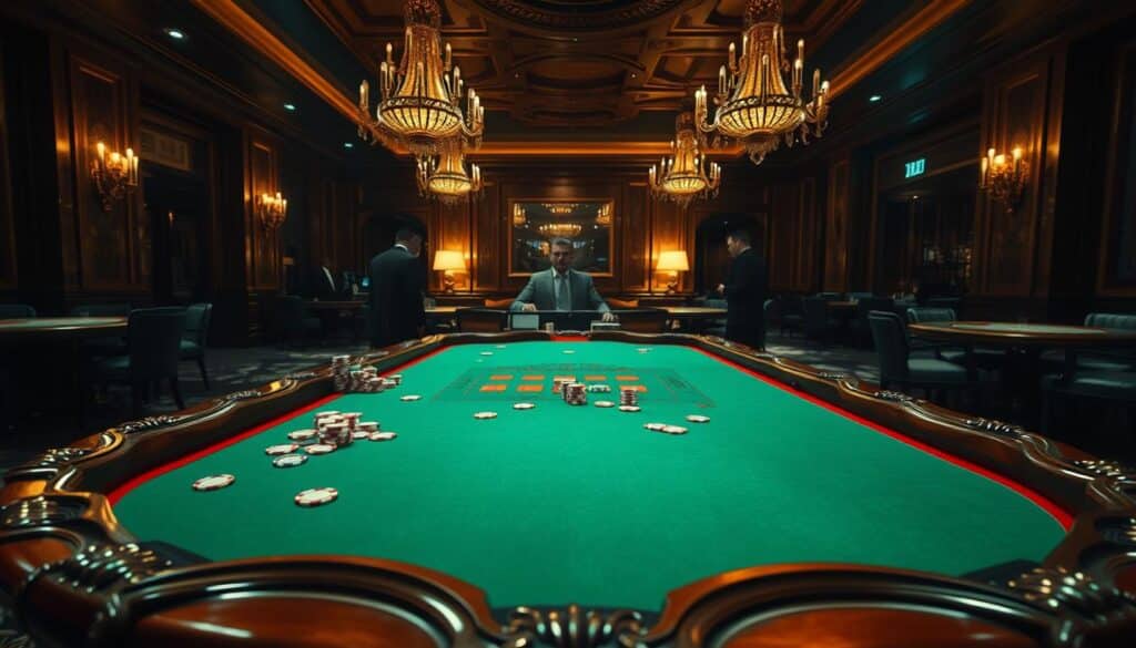 A dimly lit casino interior with a felt-covered baccarat table prominently displayed in the foreground. The table features a classic, ornate design with carved wooden edges and a green felt surface. Scattered around the table are casino chips in various denominations, creating a sense of gaming activity. The middle ground reveals a few well-dressed players engaged in the game, their faces partially obscured to maintain an air of mystery. In the background, a luxurious lounge area can be seen, with plush seating and ornate chandeliers illuminating the scene. The overall atmosphere evokes the elegance and allure of a high-end casino, setting the stage for the exploration of the fundamental rules of the baccarat game.