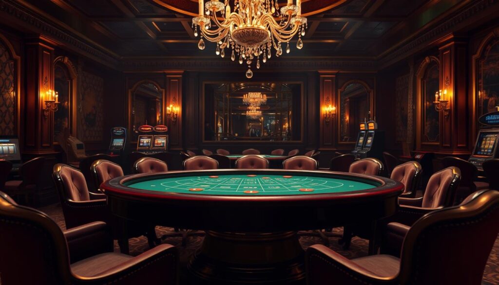 A dimly lit casino interior with a felt-topped baccarat table taking center stage. The table is adorned with elegant gold trim and surrounded by plush velvet-upholstered chairs. Overhead, a crystal chandelier casts a warm, inviting glow across the scene. In the background, subtle hints of casino decor - ornate wallpapers, gilded mirrors, and the faint sounds of slot machines - create an immersive atmosphere. The focal point is the baccarat table, its green felt surface pristine and welcoming, ready to illustrate the basic rules and gameplay of this classic casino game.