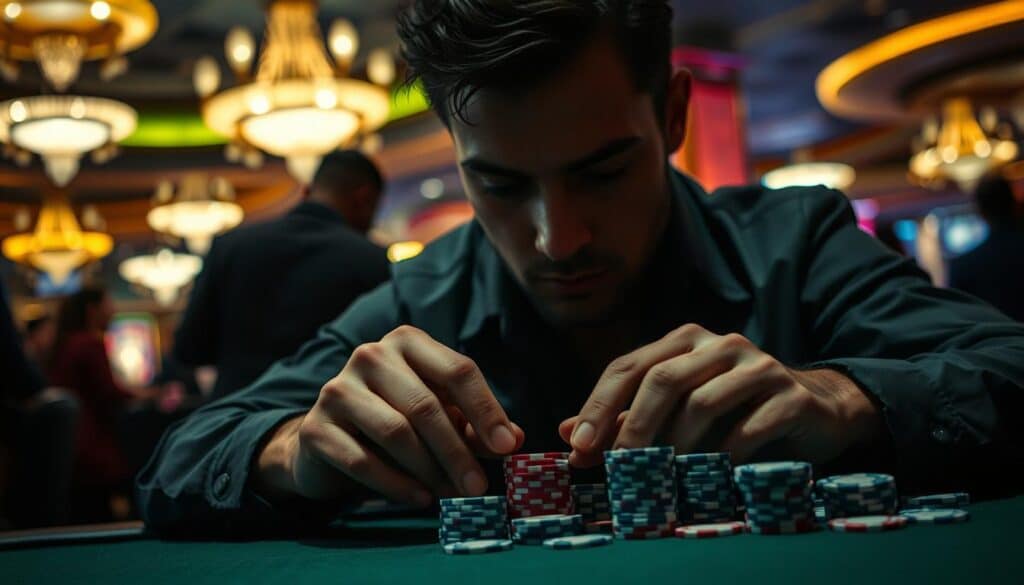 A dimly lit casino interior, with a focused gambler intently studying a stack of casino chips. The lighting casts dramatic shadows, creating a sense of concentration and intensity. In the foreground, a pair of hands carefully arranging the chips, demonstrating precise, methodical control over the bankroll. In the background, the blurred silhouettes of other casino patrons, highlighting the solitary nature of the gambler's pursuit. The scene conveys the essence of disciplined, strategic money management in the high-stakes world of casino gambling, an essential skill for maximizing winnings.