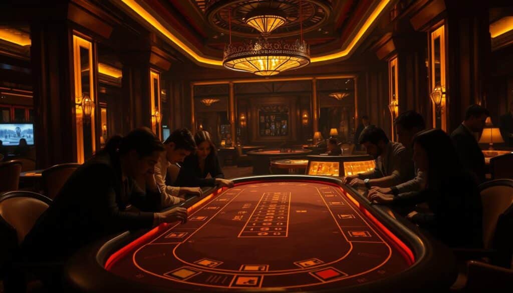 A dimly lit casino interior, with a large baccarat table in the center. Warm lighting casts a golden glow, creating an air of elegance and sophistication. Patrons lean intently over the table, their faces obscured by shadows, captivated by the high-stakes game. The table's surface reflects the players' movements, creating a sense of depth and drama. In the background, subtle details like luxurious furnishings and discreet security personnel suggest the exclusivity and allure of the high-roller experience. The overall atmosphere evokes the thrill and anticipation of a successful baccarat strategy, hinting at the potential for lucrative winnings.