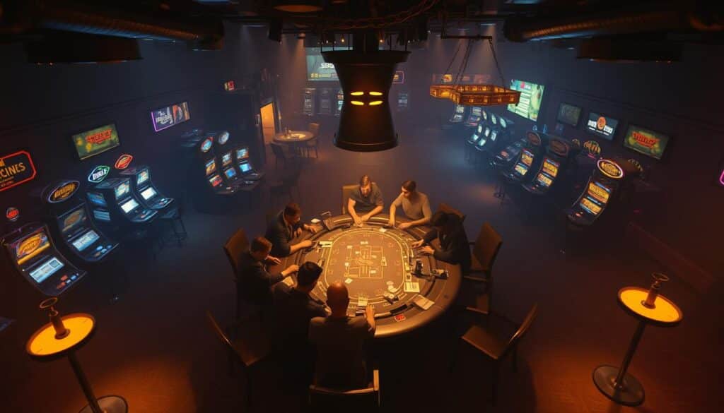 A dimly lit casino interior, with a large central gaming table illuminated by warm overhead lighting. The table is surrounded by players intently focused on their cards and chips, their faces partially obscured by shadows. In the background, a mix of slot machines and other gambling tables can be seen, creating a sense of hushed intensity. The overall atmosphere is one of calculated risk, strategic maneuvering, and the thrill of the game. The camera angle is slightly elevated, giving a bird's eye view of the scene, emphasizing the intricate interplay of the players' movements and the flow of the game.