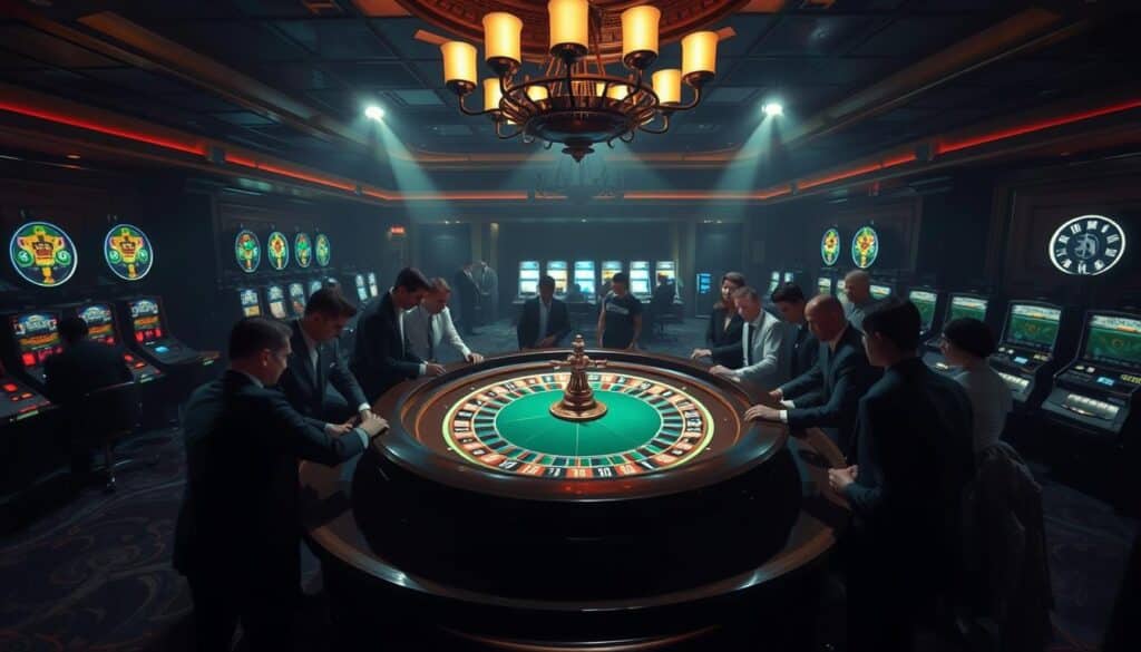 A dimly lit casino interior, with a large roulette table in the center. The table is surrounded by smartly dressed patrons intently focused on the spinning wheel. Soft lighting casts shadows and highlights the gleam of the polished wood and green felt. In the background, rows of slot machines beckon with a faint glow. The atmosphere is one of hushed anticipation, with an air of sophistication and restraint. A large chandelier hangs overhead, casting a warm glow across the scene. The overall mood is one of controlled excitement, reflecting the careful, thoughtful approach to online gambling.