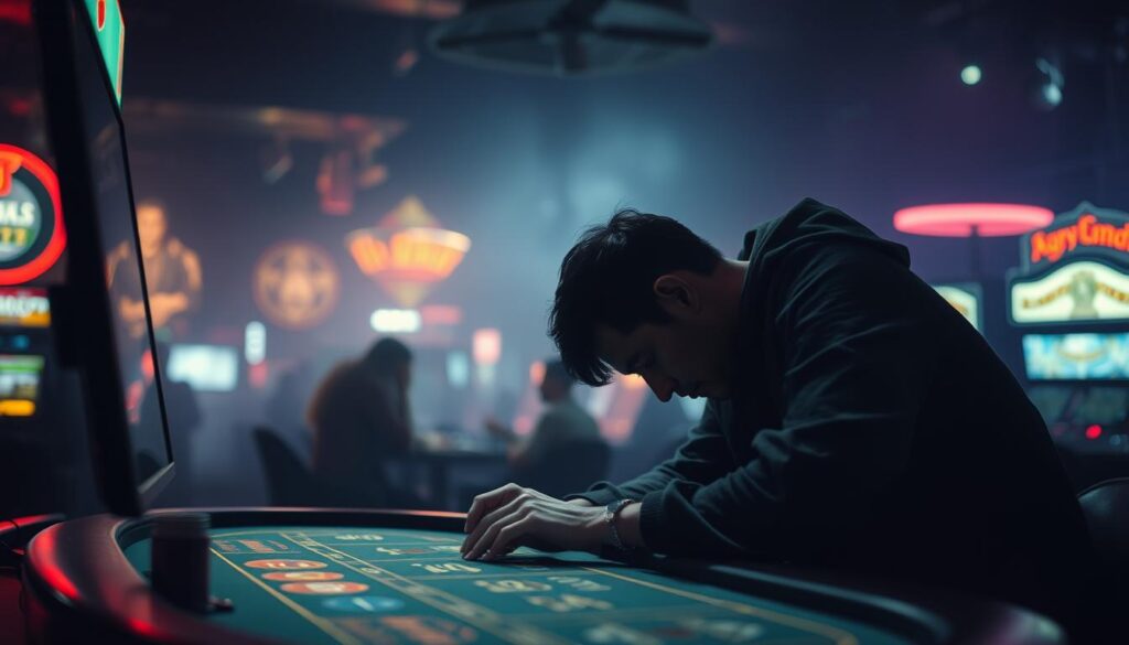 A dimly lit casino interior, with a lone gambler hunched over a table, their face obscured by shadows, consumed by the flashing lights and the allure of easy money. The background is a hazy, dreamlike blur, emphasizing the sense of disconnection from reality. Subtle visual cues, such as a stack of lost chips or a distant, weary expression, convey the psychological pitfalls of gambling addiction. The lighting is dramatic, casting sharp contrasts and deep, foreboding shadows, heightening the sense of unease and the precarious nature of the gambler's psychological state. The composition is carefully balanced, with the gambler occupying a central, isolated position, highlighting their isolation and the weight of their decisions. Overall, the image aims to capture the delicate, yet dangerous, mental landscape of the online gambling experience.