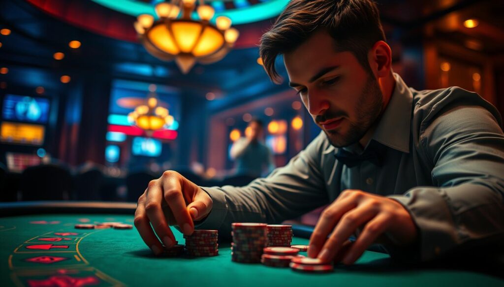 A dimly lit casino interior, with a player concentrating intently on the baccarat table. The green felt surface is illuminated by soft, warm lighting, casting a cozy glow over the scene. In the foreground, the player's hands confidently arrange their chips, reflecting a seasoned, methodical approach. The background is slightly blurred, emphasizing the focus on the game at hand. The atmosphere conveys a sense of strategic calculation, with the player's expression radiating a calm, determined demeanor - the embodiment of a successful long-term betting strategy.