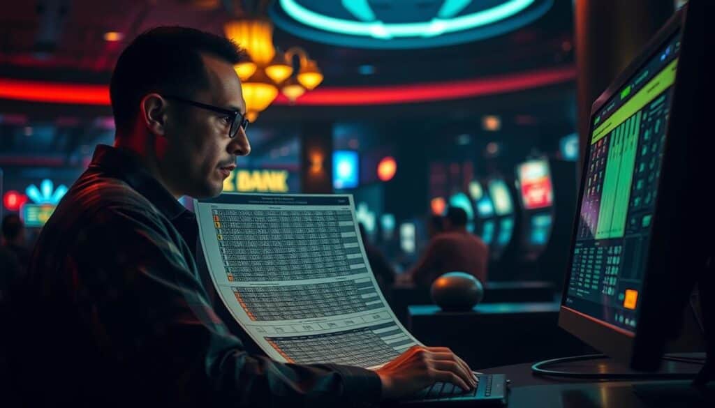 A dimly lit casino interior, with a player intently studying a betting chart on a desktop computer. The scene exudes an air of strategic contemplation, as the player meticulously analyzes data and odds, seeking the optimal betting strategy. Soft, warm lighting illuminates the player's focused expression, casting deep shadows that convey the gravity of the moment. In the background, the faint sounds of slot machines and chatter can be heard, creating a sense of immersive ambiance. The composition emphasizes the player's dedication and the seriousness of the task at hand, underscoring the importance of a well-crafted betting strategy in the world of casino gaming.