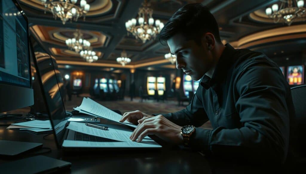 A dimly lit casino interior, with a player sitting at a desk, intently studying documents and computer screens. The foreground features the player's hands typing on a laptop, surrounded by scattered papers and a smartphone. The middle ground shows the player's focused expression, brow furrowed in concentration. The background reveals the casino's opulent decor, with plush carpets, chandeliers, and the faint glow of slot machines in the distance, creating a sense of unease and urgency. Moody lighting casts dramatic shadows, emphasizing the player's determination to uncover the truth and protect themselves. A sense of tension and risk permeates the scene, reflecting the high stakes and potential dangers faced by the player.