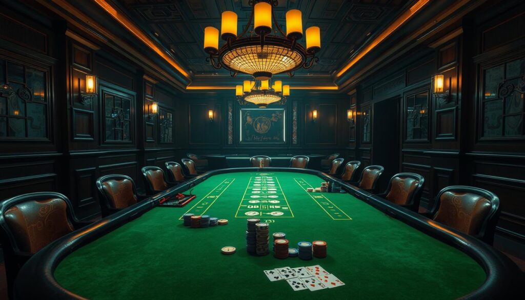 A dimly lit casino interior, with a plush green felt-covered baccarat table at the center. Elegant chandeliers cast a warm glow, and the mahogany-paneled walls are adorned with subtle Asian-inspired decor. On the table, expertly arranged betting chips and cards create a sense of contemplation and strategy. The scene conveys the allure and careful calculation of baccarat gameplay, inviting the viewer to explore the nuances of betting tactics and the thrill of the game.