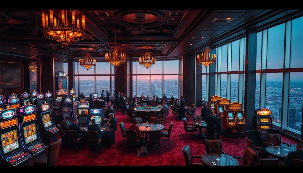 A dimly lit casino interior, with a plush red carpet and ornate chandeliers casting a warm glow. In the foreground, a cluster of slot machines and gaming tables are the focal point, their colorful displays and flashing lights luring players. Surrounding them, luxurious armchairs and tables invite onlookers to indulge in the thrill of high-stakes gambling. The middle ground features a mix of well-dressed patrons, their expressions a blend of concentration and excitement. In the background, a panoramic view of the city skyline can be seen through large windows, hinting at the opulence and allure of this exclusive gaming establishment. The overall atmosphere is one of indulgence, anticipation, and the promise of potential fortunes to be won.