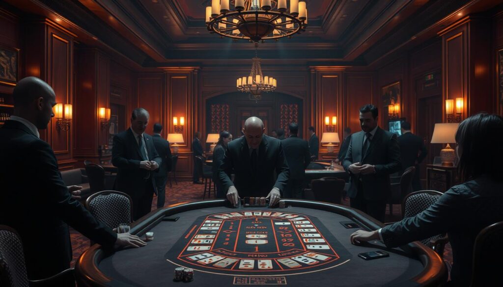 A dimly lit casino interior, with a prominent baccarat table in the foreground. Elegant wooden furnishings, plush carpeting, and a softly glowing chandelier set the mood. Smartly dressed casino patrons gather around the table, their faces partially obscured by shadows, giving an air of secrecy and exclusivity. The table itself is meticulously laid out, with rows of betting chips, playing cards, and a discreet but efficient dealer overseeing the game. Warm, amber lighting casts a seductive glow, heightening the tension and anticipation of the players as they strategize their next moves, seeking to unlock the lucrative profit model of the baccarat game.
