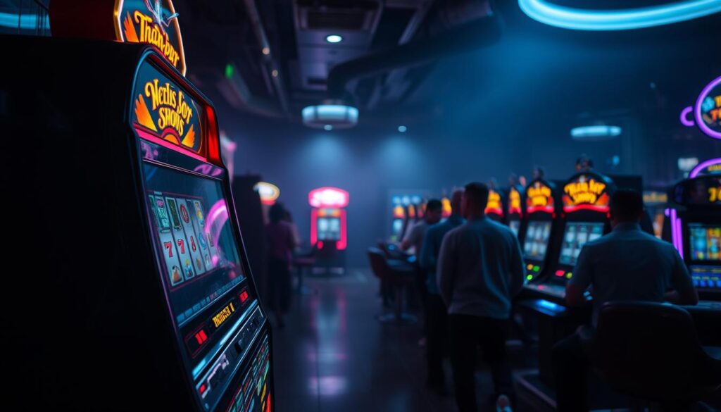 A dimly lit casino interior, with a prominent free slot machine occupying the foreground. The machine's vibrant colors and classic design evoke a sense of vintage charm. In the middle ground, a few patrons are engaged in gameplay, their faces illuminated by the machine's flashing lights. The background is hazy, with the faint outlines of other gaming tables and machines, creating an atmosphere of casual entertainment. The overall scene conveys the educational value of the free slot machine experience, where players can learn the fundamentals of slot gameplay in a risk-free environment.