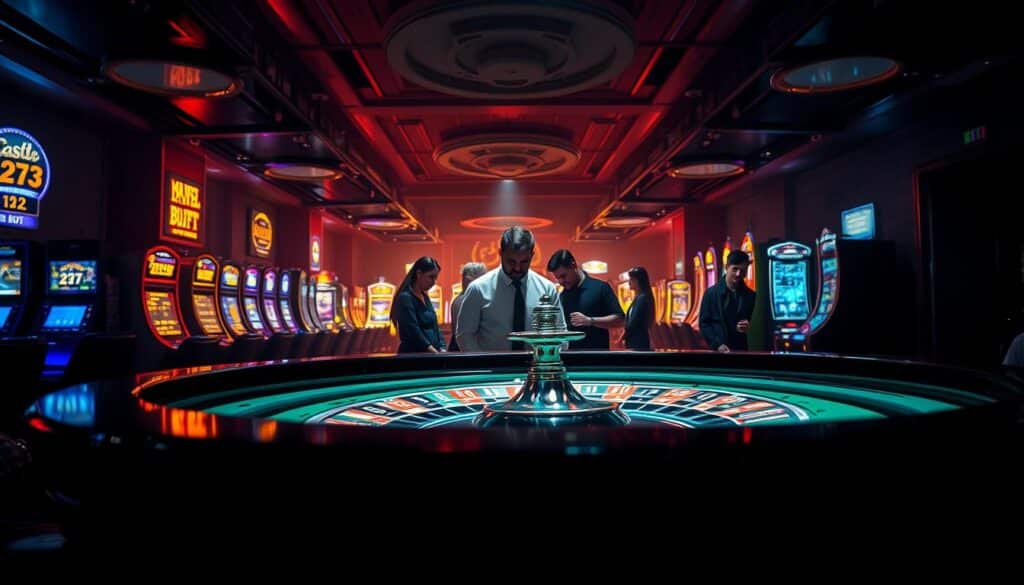 A dimly lit casino interior, with a prominent roulette table in the foreground. The table surface is covered in a green felt cloth, with the roulette wheel and betting chips visible. In the middle ground, a group of focused players study the table, intently considering their next move. The background features rows of slot machines and gaming tables, their flashing lights and sounds creating an atmosphere of strategic contemplation. Soft, warm lighting casts dramatic shadows, adding depth and drama to the scene. The overall mood is one of intense concentration and calculated risk-taking, reflecting the strategic nature of online casino gaming.