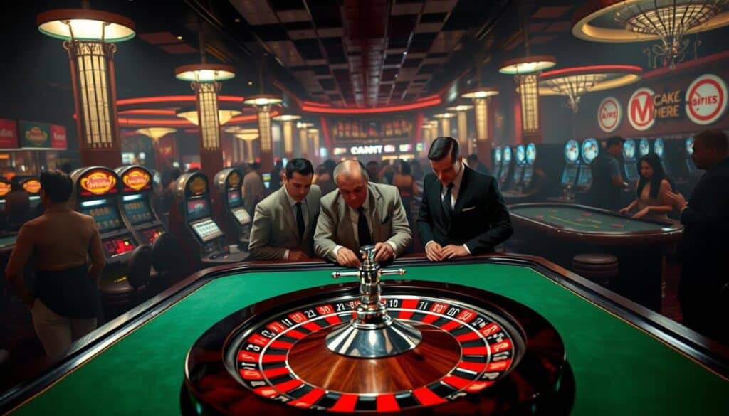 A dimly lit casino interior with a roulette table in the foreground. Crisp spotlights highlight the green felt and gleaming chrome of the spinning wheel. In the middle ground, a group of well-dressed gamblers intently studying the layout, their expressions focused and contemplative. The background is hazy, a blur of activity - slot machines, card tables, and cocktail waitresses weaving between the clusters of players. The overall atmosphere conveys a sense of calculated risk and the thrill of potential big payouts, suggesting the "effective methods" for winning at the casino.