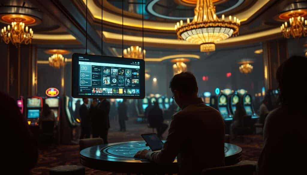 A dimly lit casino interior, with a sense of anticipation and excitement. In the foreground, a sleek, modern online gambling interface hovers above a table, inviting the player to explore a variety of casino games. The middle ground features the silhouettes of players engrossed in their digital experiences, their faces illuminated by the soft glow of the screens. In the background, a panoramic view of the casino's opulent decor, with plush carpets, gilded chandeliers, and the faint sounds of slot machines and roulette wheels. The overall atmosphere is one of sophistication and immersion, captured through a cinematic, high-quality lens.