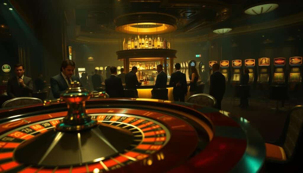 A dimly lit casino interior, with a sense of anticipation and mystery. In the foreground, a roulette table with a swirling wheel, the polished wood and green felt creating a tactile, high-end atmosphere. Scattered around the table, elegant players in formal attire, their expressions intense as they carefully study the layout, seeking that elusive edge. In the middle ground, a bar area with a backlit liquor display, creating warm, golden lighting that casts dramatic shadows. In the background, the hazy silhouettes of slot machines and gaming tables, the faint chatter of players and the occasional chime of winnings adding to the ambient noise. An air of sophistication and a sense that the stakes are high, yet the potential rewards even higher.