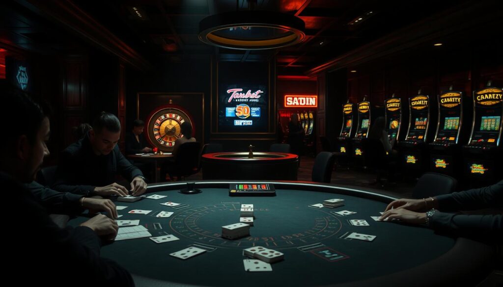A dimly lit casino interior, with a sense of excitement and anticipation. In the foreground, a blackjack table is the focal point, surrounded by players intently focused on their cards. Soft lighting casts dramatic shadows, creating a moody atmosphere. In the middle ground, a roulette wheel spins, its metallic surface gleaming under the light. In the background, rows of slot machines beckon with their flashing lights and the faint sound of jingling coins. The overall scene conveys the thrill and strategy of casino gaming, inviting the viewer to explore the nuances of each game.
