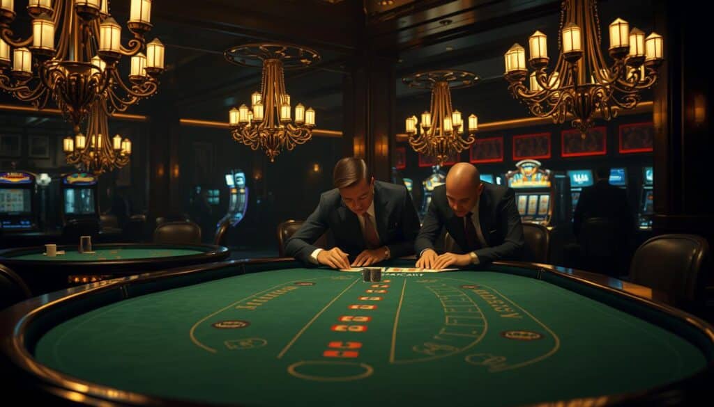 A dimly lit casino interior, with a sense of mystery and anticipation. In the foreground, a sleek, polished baccarat table dominates the scene, its green felt surface inviting players to try their luck. Elegant chandeliers cast a warm, golden glow, casting dramatic shadows across the faces of the casino patrons. In the middle ground, a group of well-dressed individuals lean intently over the table, their expressions intense as they study the cards and make their bets. In the background, the faint outline of other gaming tables and slot machines can be seen, hinting at the broader excitement and energy of the casino environment. The overall atmosphere conveys a sense of strategic thinking, calculated risk-taking, and the thrill of potential victory.