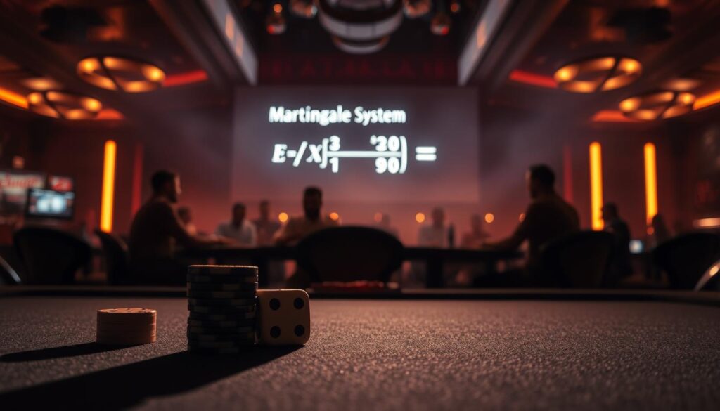 A dimly lit casino interior, with a sense of mystery and high stakes. In the foreground, a stack of casino chips and a pair of dice, casting long shadows on the felt table surface. In the middle ground, a large display screen shows the "Martingale System" equation, illustrating a betting strategy. The background is hazy, with blurred silhouettes of gamblers around the table, creating an air of anticipation and concentration. The lighting is warm and low-key, evoking the intensity of the gambling environment. The overall composition suggests the pursuit of a winning formula, with the tools of the trade prominently featured.