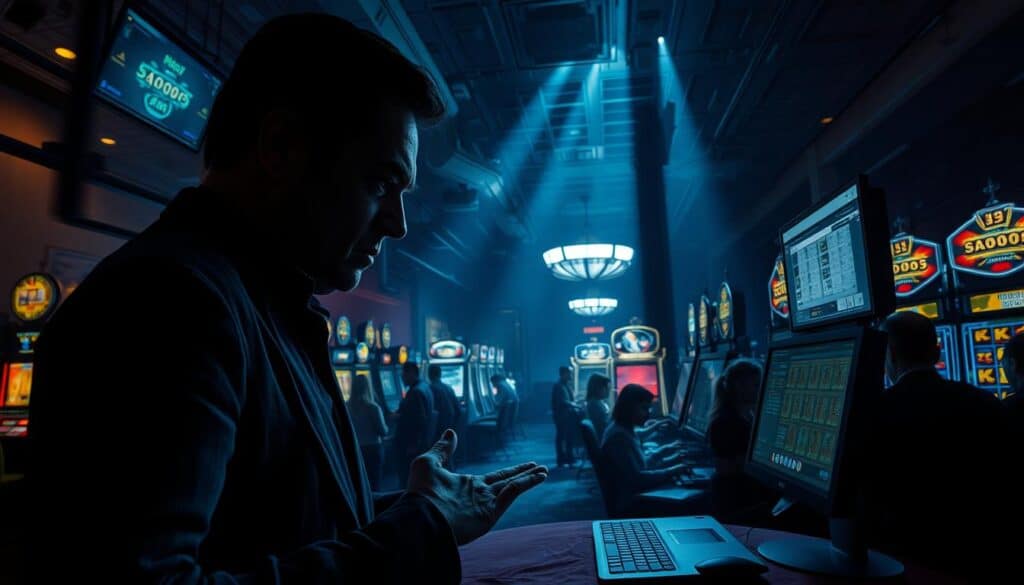A dimly lit casino interior, with a sense of unease and deception. In the foreground, a shady-looking individual gesturing towards a computer screen displaying suspicious financial transactions. In the middle ground, patrons obliviously playing slot machines, while the background reveals a maze of darkened hallways and security cameras, hinting at the complex web of the fraud scheme. Dramatic chiaroscuro lighting casts long, ominous shadows, creating an atmosphere of mystery and intrigue. The scene conveys the grave consequences of falling victim to casino-related scams, a cautionary tale for the unwary.