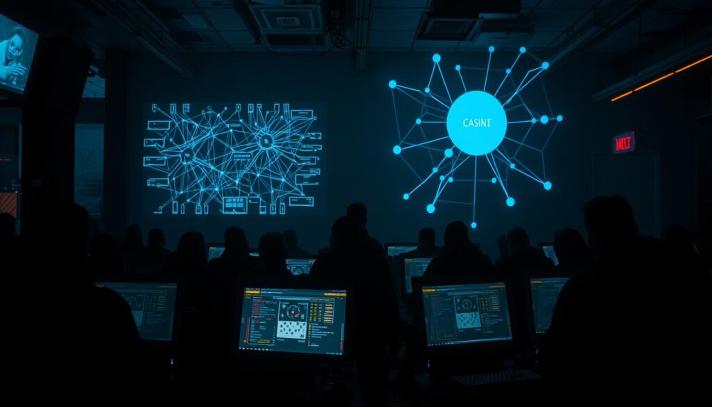 A dimly lit casino interior, with a sense of unease and uncertainty. Shadowy figures sit hunched over computer screens, the soft glow of the screens illuminating their faces. In the background, a network diagram projects onto the wall, symbolizing the complex web of online gambling operations. The atmosphere is tense, with a sense of danger and potential exploitation lurking in the corners. Muted colors, high contrast, and a sense of claustrophobia create a sense of discomfort and the need for heightened security and regulation.