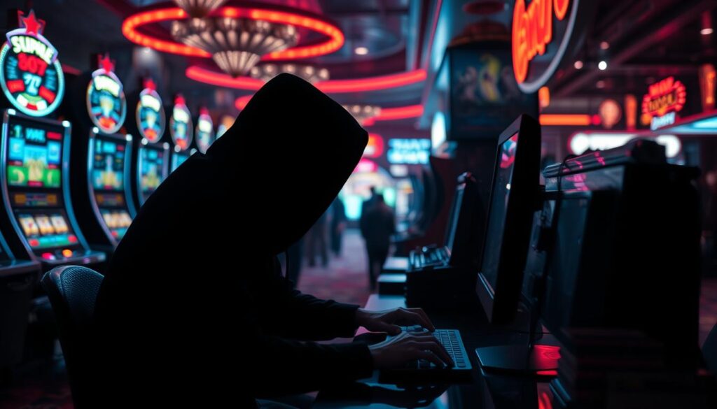 A dimly lit casino interior, with a shadowy figure hunched over a computer screen, surrounded by stacks of cash and neon-lit gambling machines. The figure's face is obscured, but their hands deftly manipulate the keyboard, hinting at a sophisticated scheme. In the background, a blurred array of flashing lights and the muffled sounds of slot machines and chatter create an unsettling atmosphere of deceit and illicit activity. The scene is captured with a high-contrast, film noir-inspired aesthetic, emphasizing the mystery and danger of the "entertainment city" fraud tactics.
