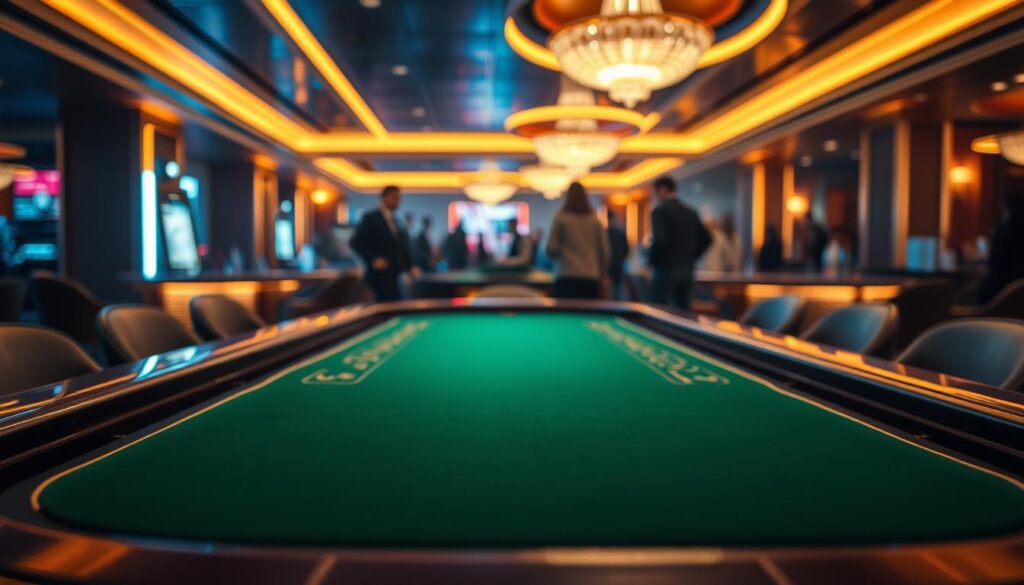 A dimly lit casino interior, with a sleek and modern Baccarat table in the foreground. The table is adorned with a green felt surface, polished wooden edges, and a subtle golden trim. The lighting creates a warm, inviting atmosphere, with a soft glow illuminating the table and the surrounding environment. In the background, a blurred view of casino guests, their faces obscured, creating a sense of focus and concentration on the game at hand. The overall scene conveys a sense of strategic play, high stakes, and the pursuit of mastering the art of Baccarat.