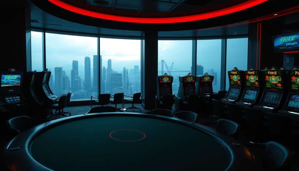 A dimly lit casino interior, with a sleek and modern aesthetic. In the foreground, a poker table is illuminated by soft, atmospheric lighting, inviting players to strategize their next move. Surrounding the table, the middle ground features rows of slot machines, their screens casting a mesmerizing glow across the scene. In the background, a panoramic view of the city skyline can be seen through the large, tinted windows, creating a sense of urban sophistication. The overall mood is one of calculated risk and carefully considered decision-making, mirroring the "線上賭場策略" theme.
