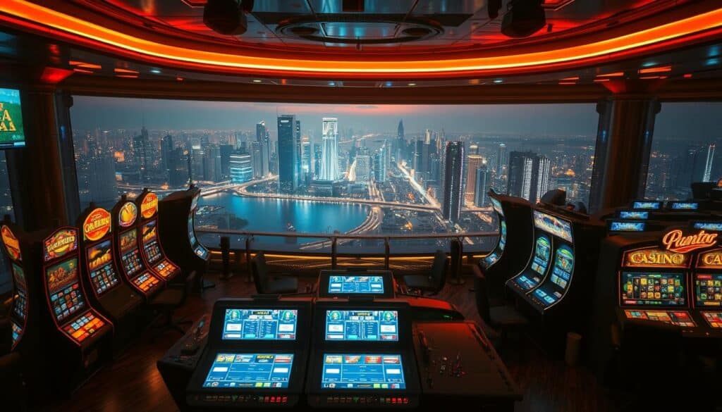 A dimly lit casino interior with a variety of classic online casino games showcased in the foreground. The middle ground features sleek, modern gaming terminals and displays, casting a warm glow across the scene. In the background, a panoramic view of a bustling cityscape at night, with skyscrapers and neon lights reflecting off the surface of a river. The overall atmosphere is one of excitement, sophistication, and the allure of high-stakes entertainment. The lighting is dramatic, with strong contrasts and shadows, creating a sense of depth and visual interest. The camera angle is slightly elevated, offering an immersive, almost bird's-eye perspective on the scene.