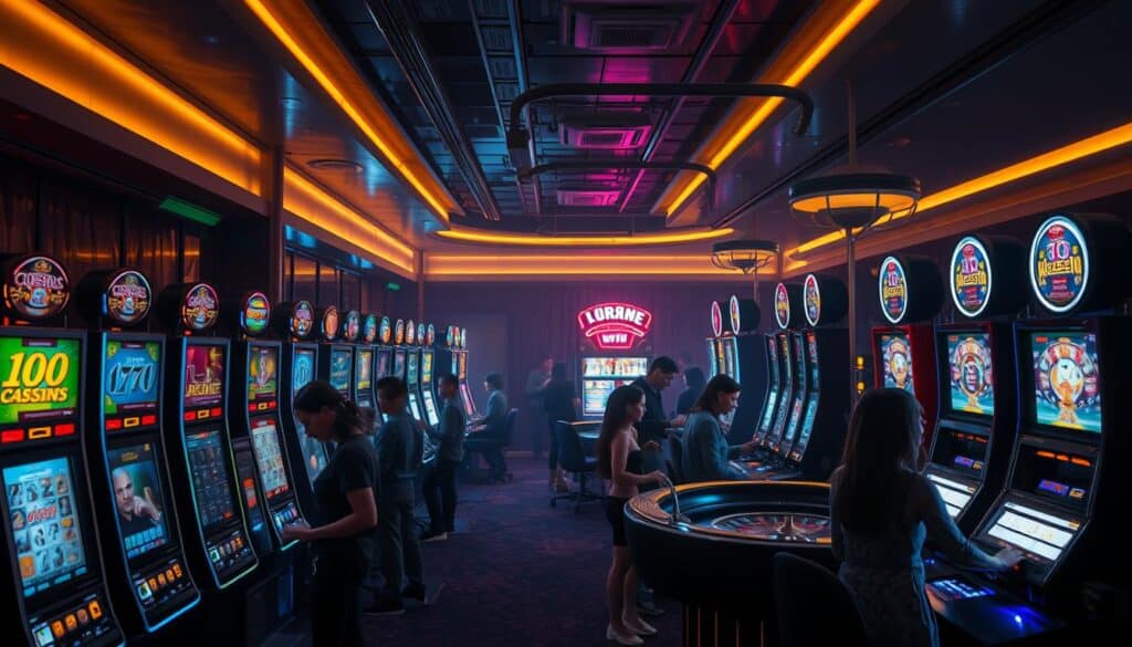 A dimly lit casino interior, with a variety of networked gaming machines lining the walls. The machines display a range of classic casino games, including slot machines, video poker, and electronic roulette tables. Soft, ambient lighting casts a warm glow over the scene, creating an inviting atmosphere. Sleek, modern design elements contrast with the traditional casino aesthetic, hinting at the integration of digital technology. A diverse group of players, from casual enthusiasts to seasoned gamblers, engage with the games, their faces illuminated by the machine screens. The overall composition conveys the evolving nature of casino gaming, blending the physical and digital realms.