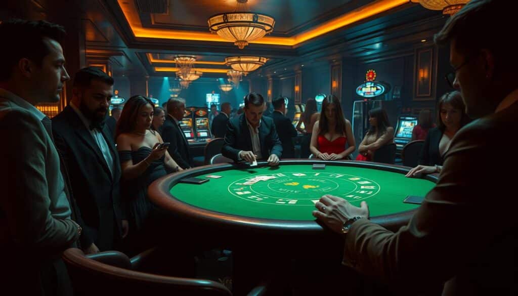 A dimly lit casino interior, with a vibrant green baize-covered baccarat table in the foreground. Elegant casino patrons gather around the table, expressions of focus and intensity. A lone dealer oversees the game, their hands deftly shuffling and dealing the cards. The lighting casts dramatic shadows, creating a sense of tension and high stakes. In the background, the faint glow of slot machines and the murmur of conversation create an atmosphere of excitement and anticipation. The overall mood is one of strategic decision-making, with the players' financial resources and management tactics playing a pivotal role in their chances of success.