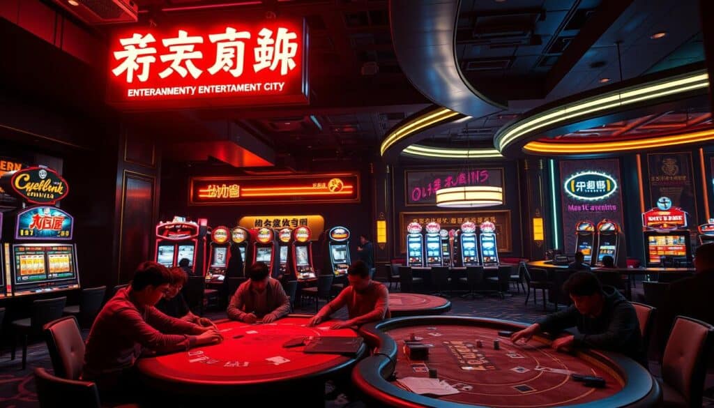 A dimly lit casino interior, with a vibrant neon sign overhead reading "娛樂城" (Entertainment City). The foreground features a high-stakes gaming table, with players intensely focused on their cards and chips. The middleground showcases a variety of slot machines, their screens flashing with winning combinations. In the background, a luxurious lounge area with plush seating and a well-stocked bar. Soft, warm lighting creates an inviting atmosphere, hinting at the thrill and allure of the games. The image conveys the strategic and immersive nature of casino gaming, inspiring the viewer to uncover the keys to success.
